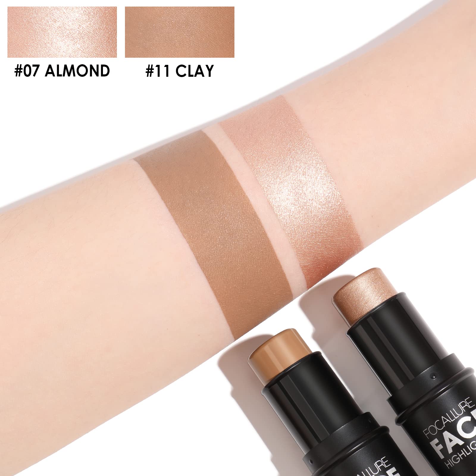 Texture swatches of the medium shade matte bronzer and shimmer cream highlighter on skin.
