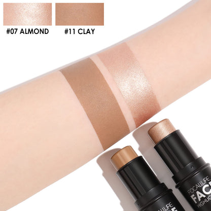 Texture swatches of the medium shade matte bronzer and shimmer cream highlighter on skin.