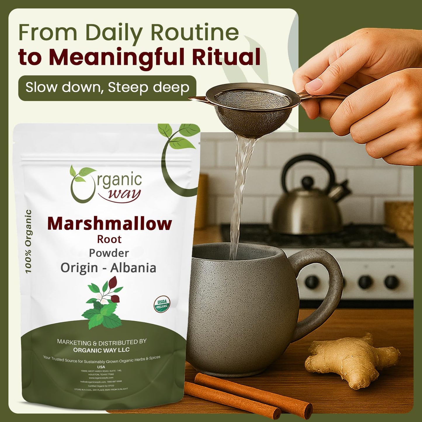 Preparation of Marshmallow Root herbal tea in a cup