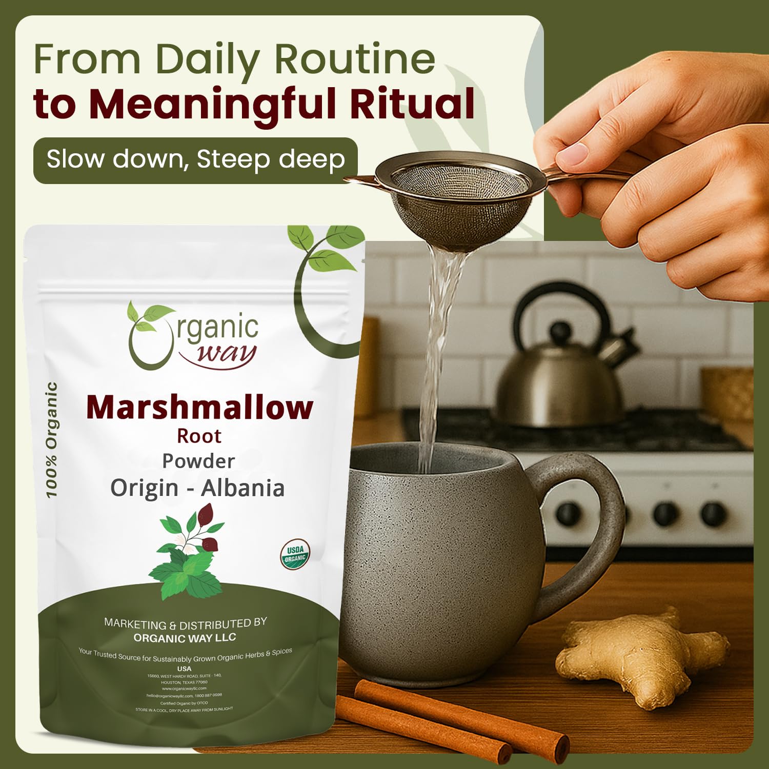 Preparation of Marshmallow Root herbal tea in a cup