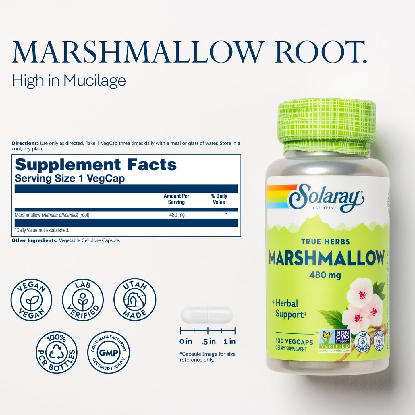 Solaray Marshmallow Root 480mg capsules health supplement label details