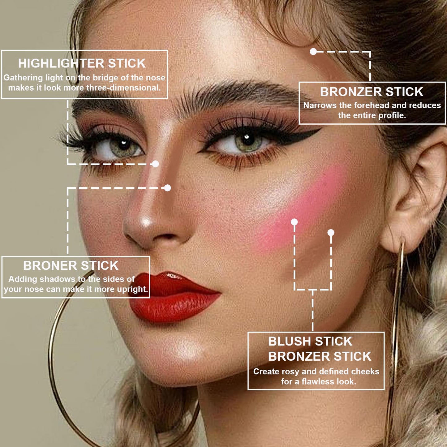Lezero 3 piece makeup stick set packaging showing product benefits and complete ingredient listing.