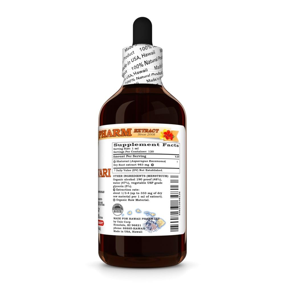 Hawaii Pharm Asparagus Racemosus liquid extract bottle side panel showing organic ingredients and dosage information