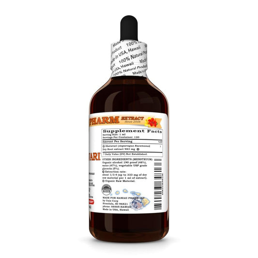Hawaii Pharm Asparagus Racemosus liquid extract bottle side panel showing organic ingredients and dosage information