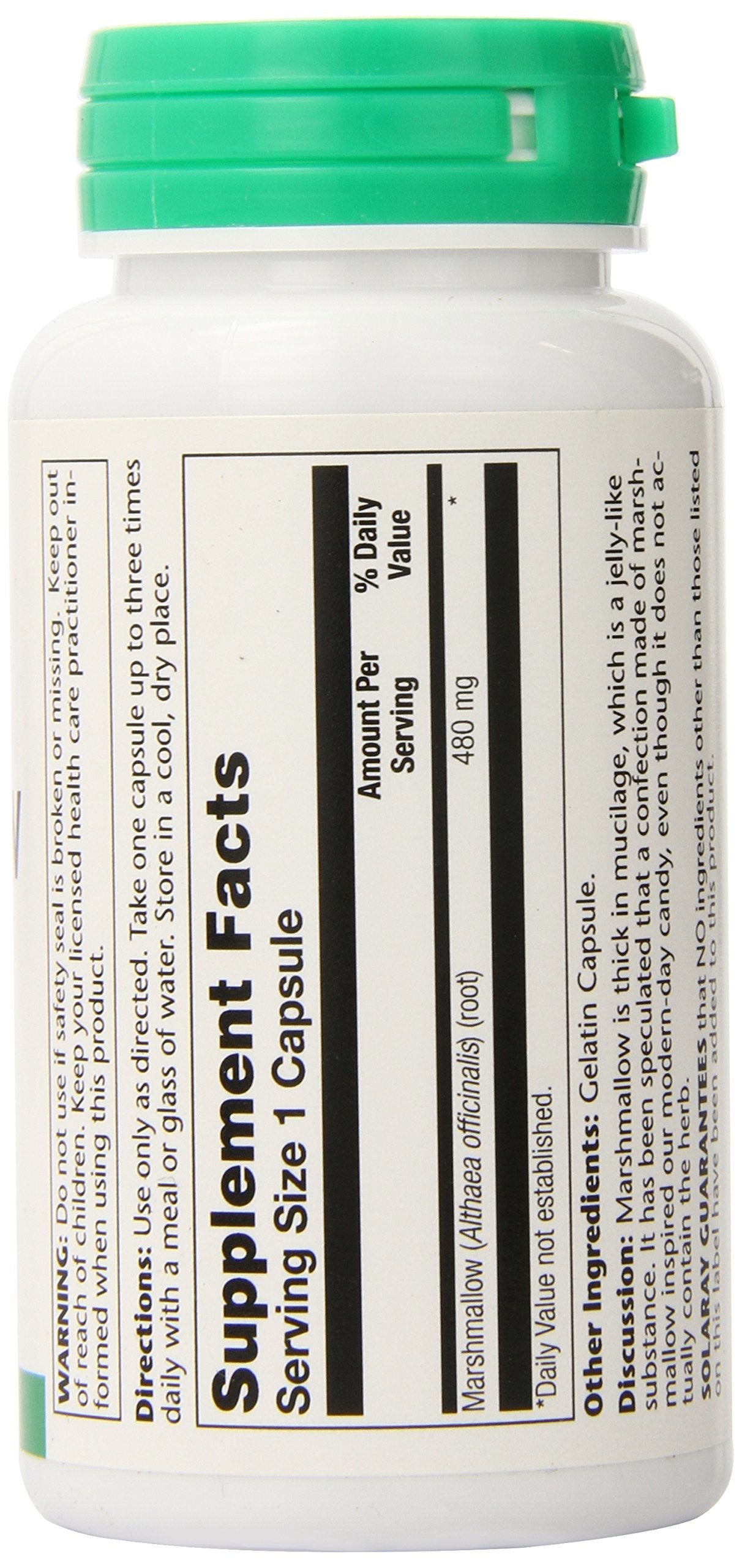 Close up of Solaray Marshmallow Root 100 count bottle packaging