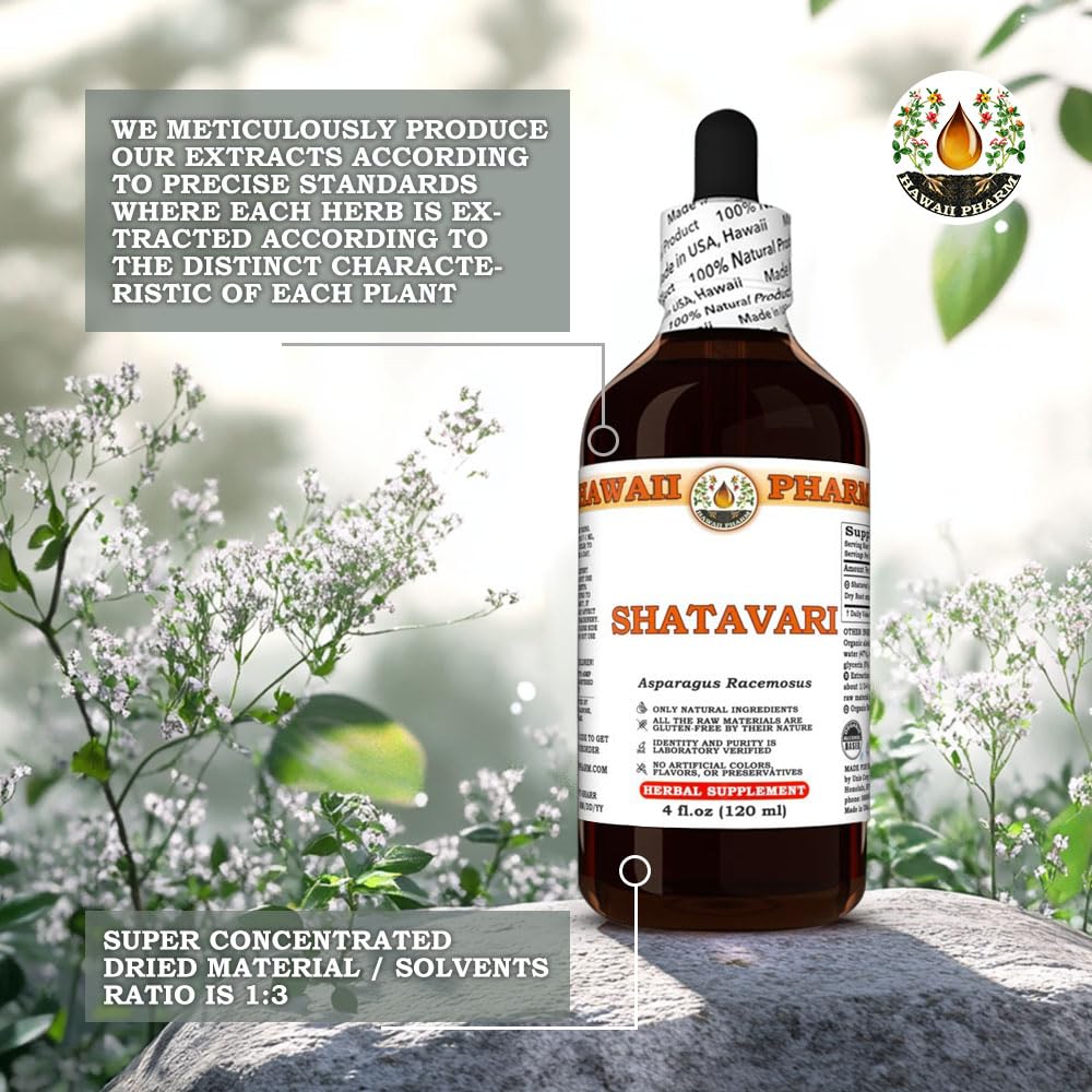 Close up look of the four fluid ounces brown glass bottle of Hawaii Pharm Shatavari vegan herbal extract