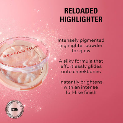Open compact of Revolution Beauty Reloaded face highlighter showcasing the textured shimmer powder