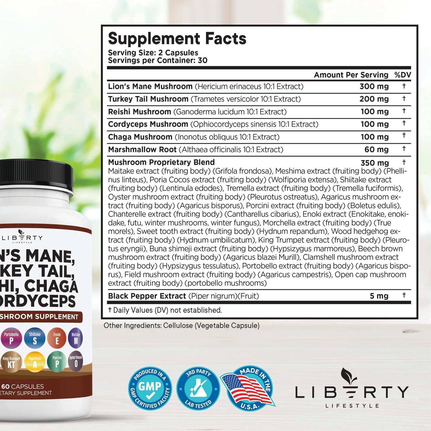 Liberty Lifestyle mushroom supplement bottle label detail
