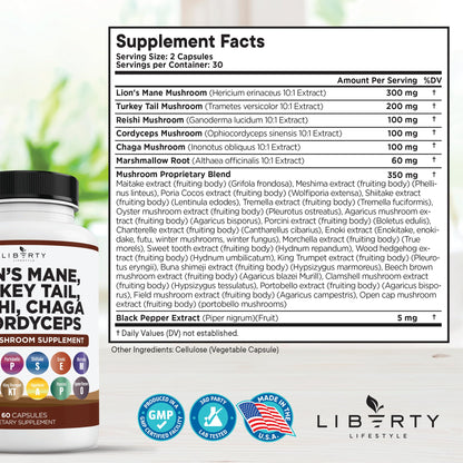 Liberty Lifestyle mushroom supplement bottle label detail