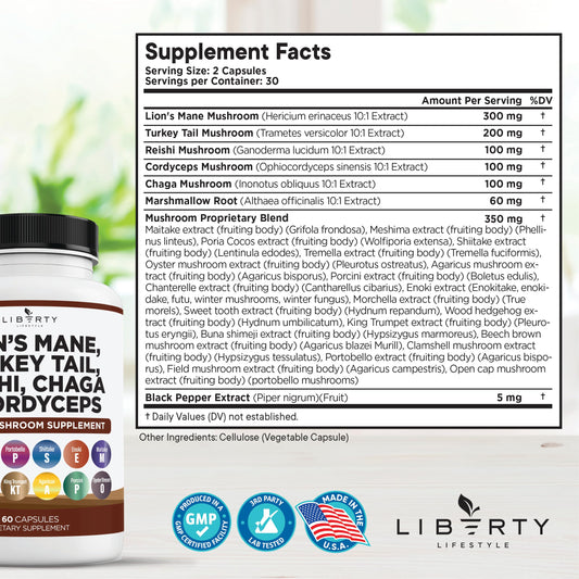 Liberty Lifestyle mushroom supplement bottle label detail