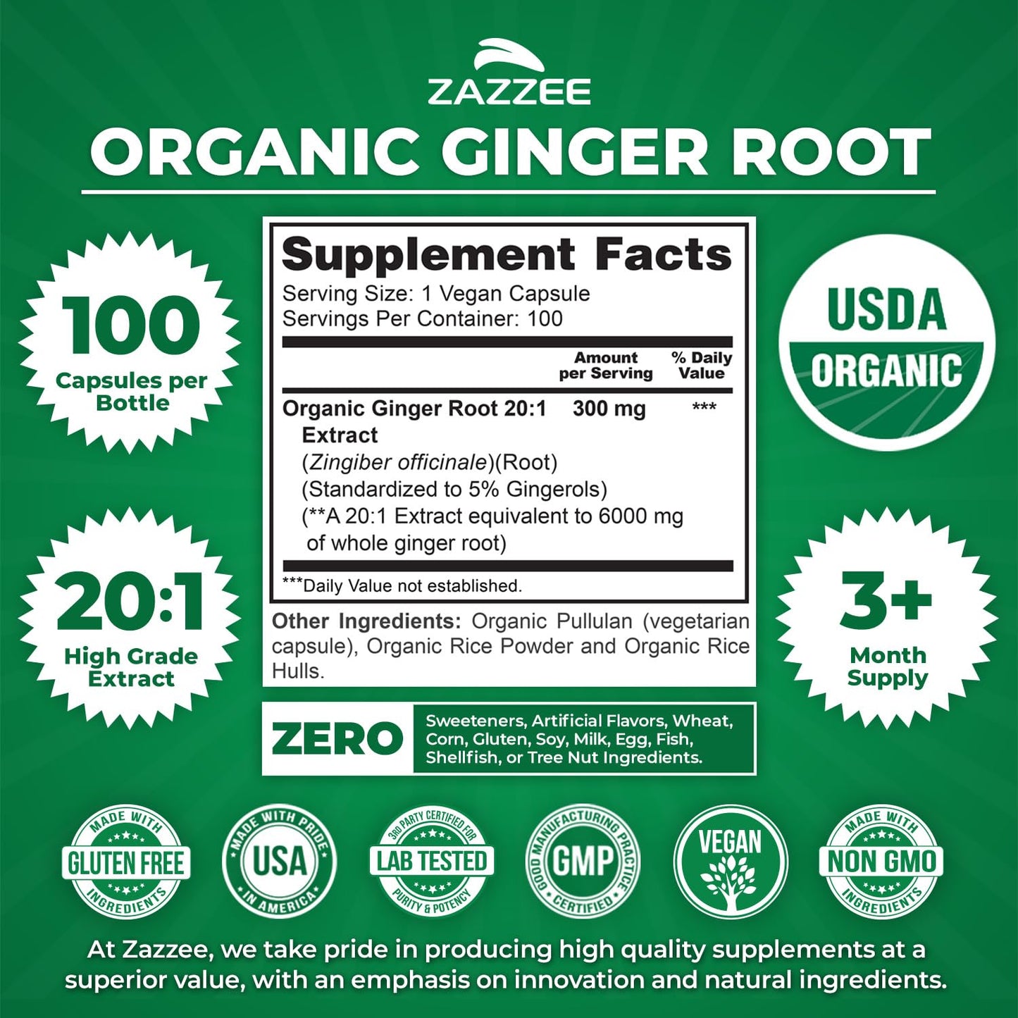 Zazzee ginger root 100 vegan capsules container on a clean background highlighting maximum potency.