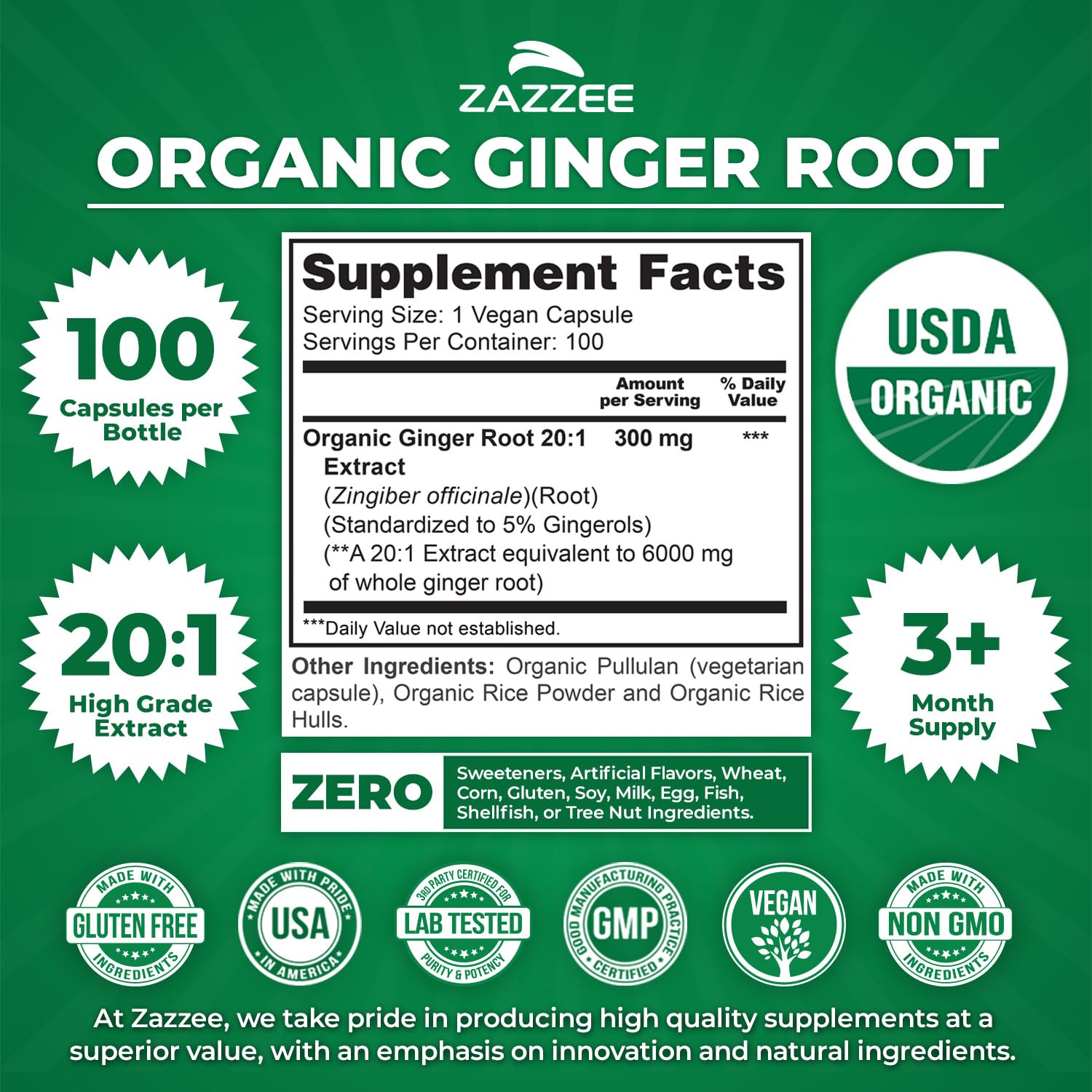 Zazzee ginger root 100 vegan capsules container on a clean background highlighting maximum potency.