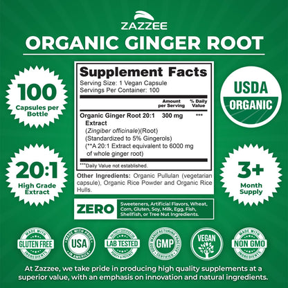 Zazzee ginger root 100 vegan capsules container on a clean background highlighting maximum potency.