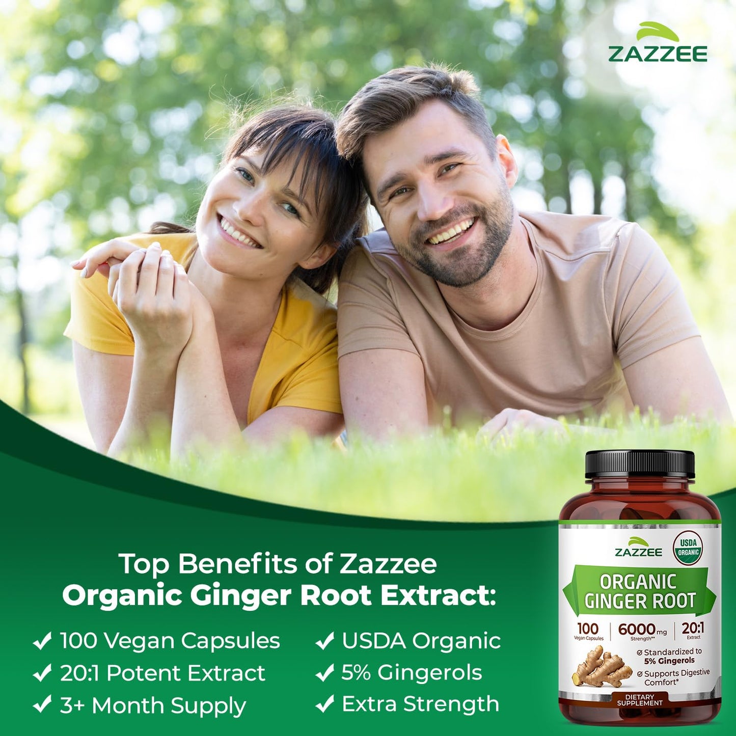 Zazzee ginger supplement bottle displaying the certified organic and non-GMO product seals.