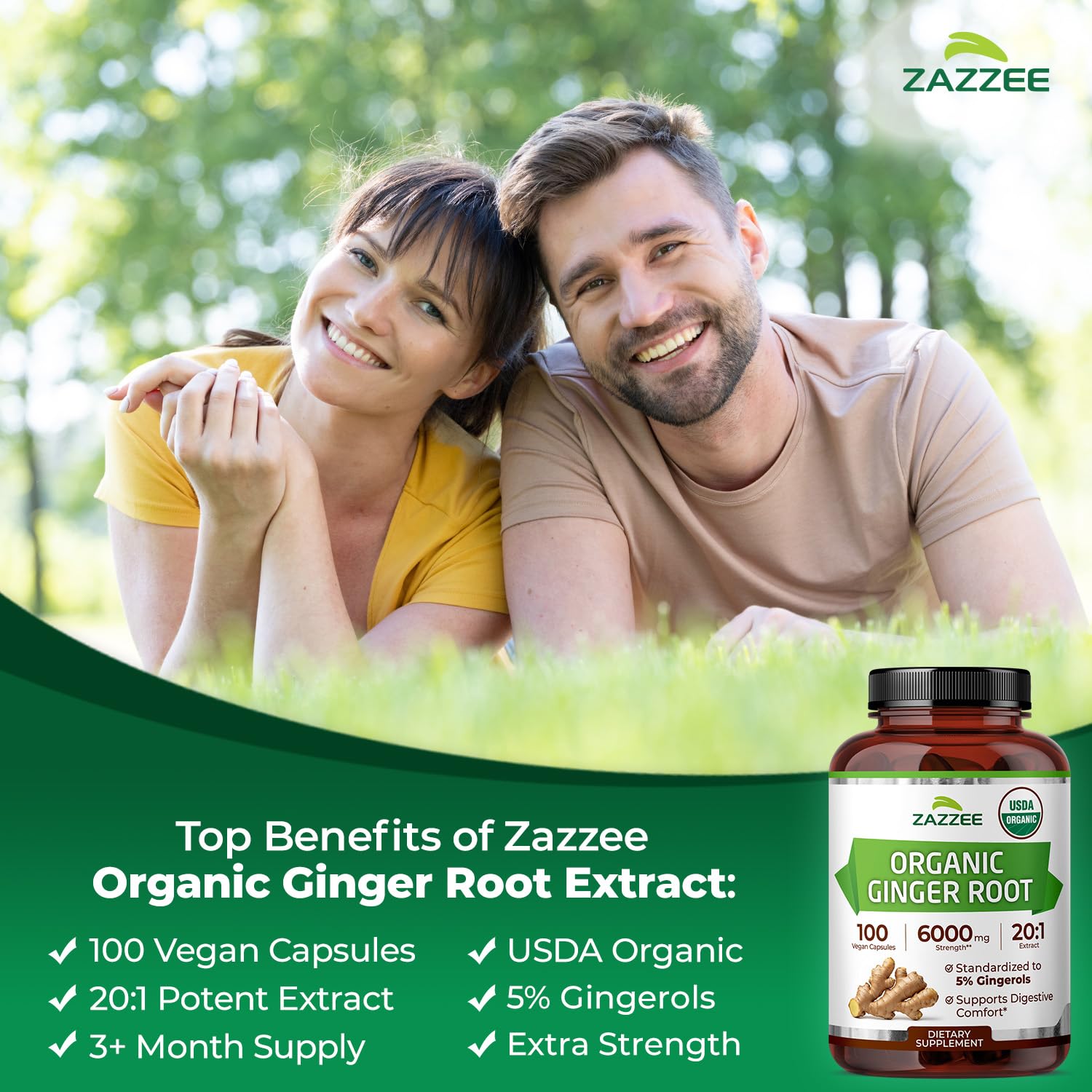 Zazzee ginger supplement bottle displaying the certified organic and non-GMO product seals.