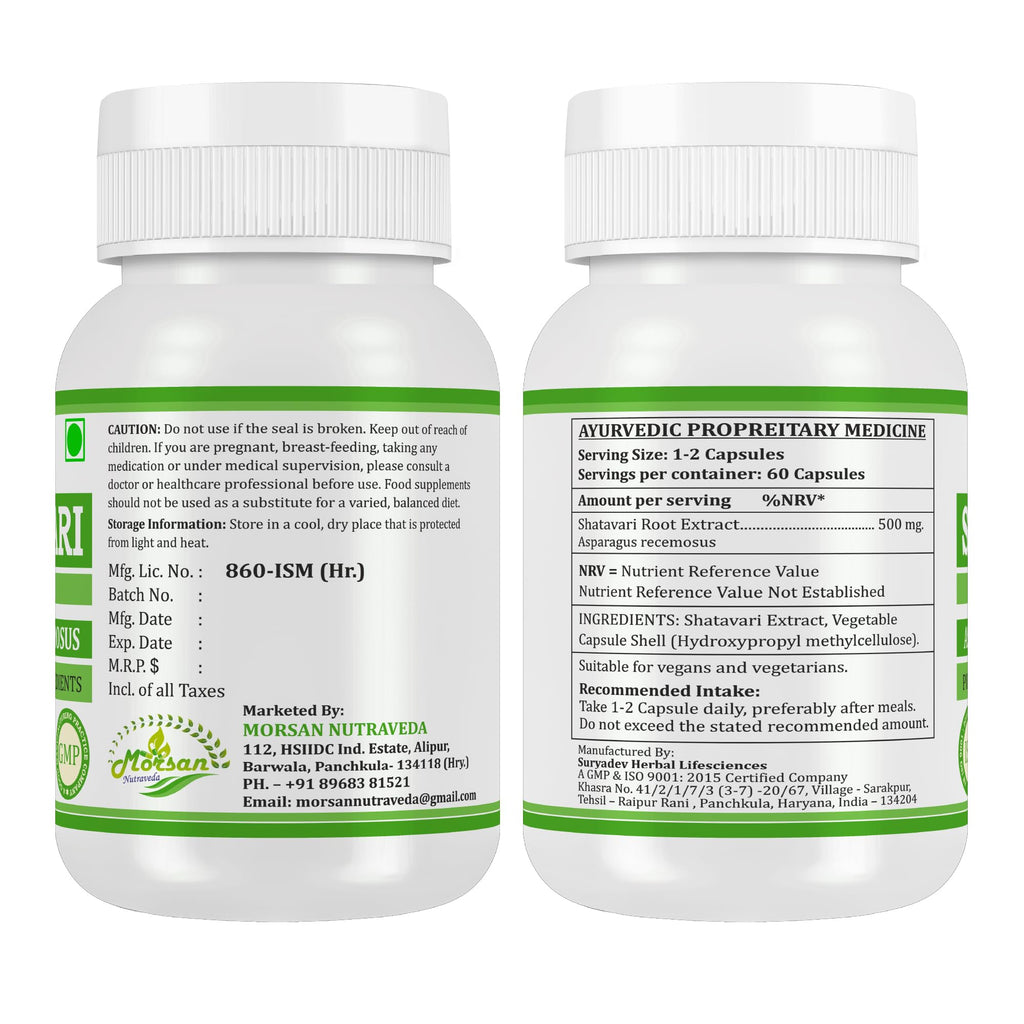 Supplement facts and suggested usage instructions on the back of the Morsan Nutraveda Shatavari bottle.