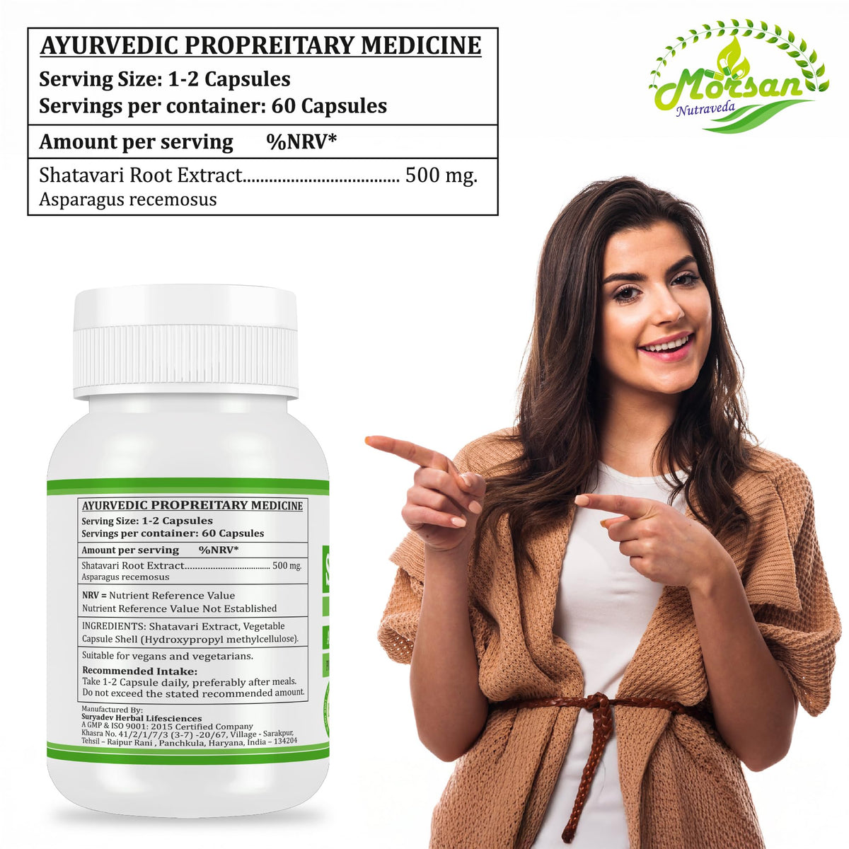 Close up of the 60 vegetarian capsules of high potency Shatavari root extract.