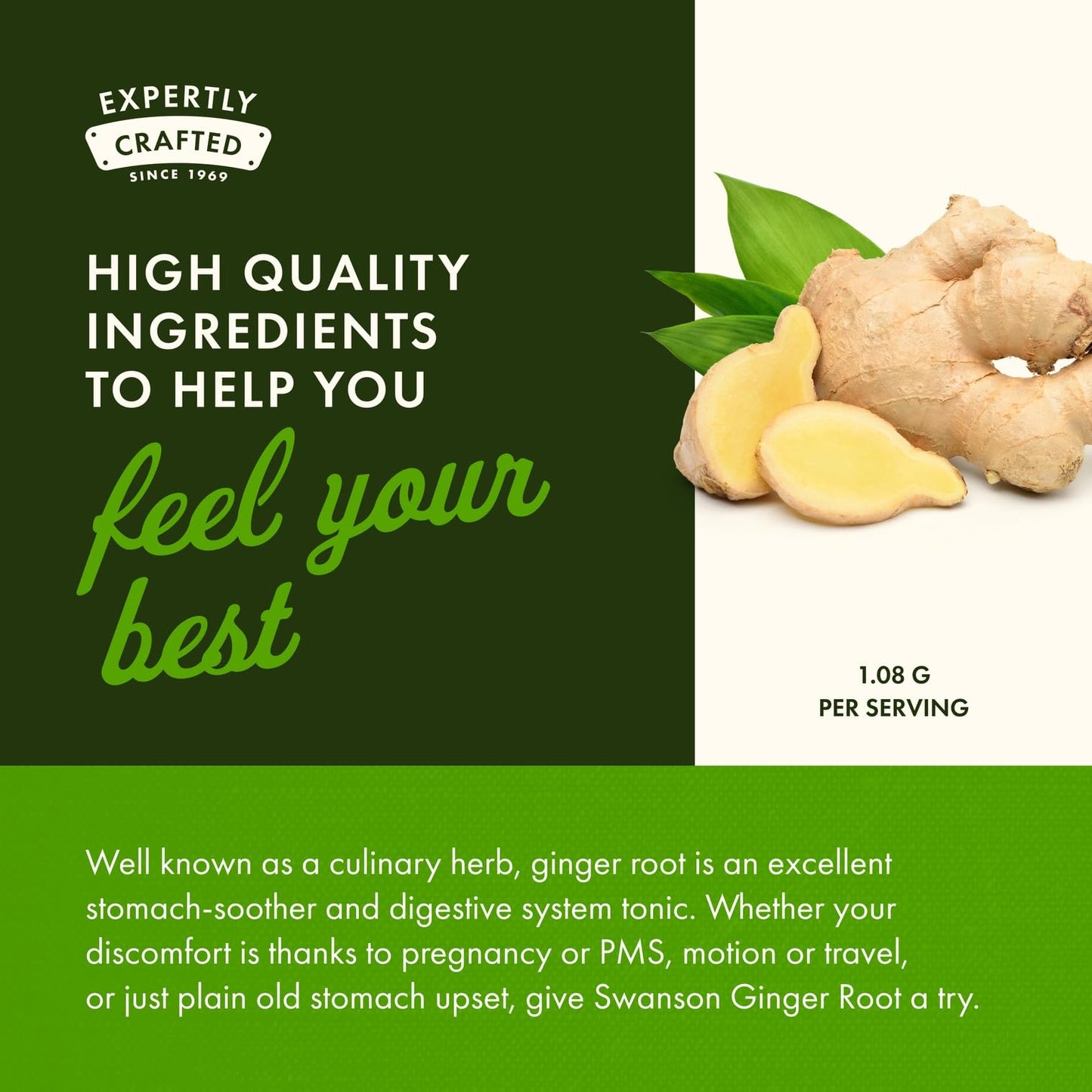 Swanson 540 Milligrams Ginger Root herbal capsules for adult stomach comfort and wellness
