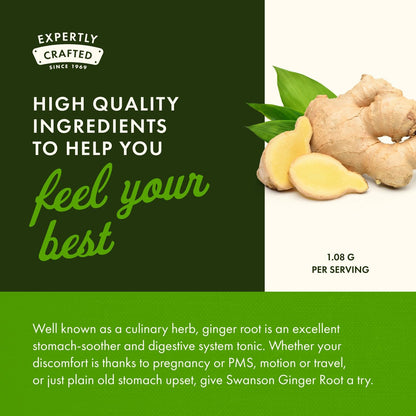 Swanson 540 Milligrams Ginger Root herbal capsules for adult stomach comfort and wellness