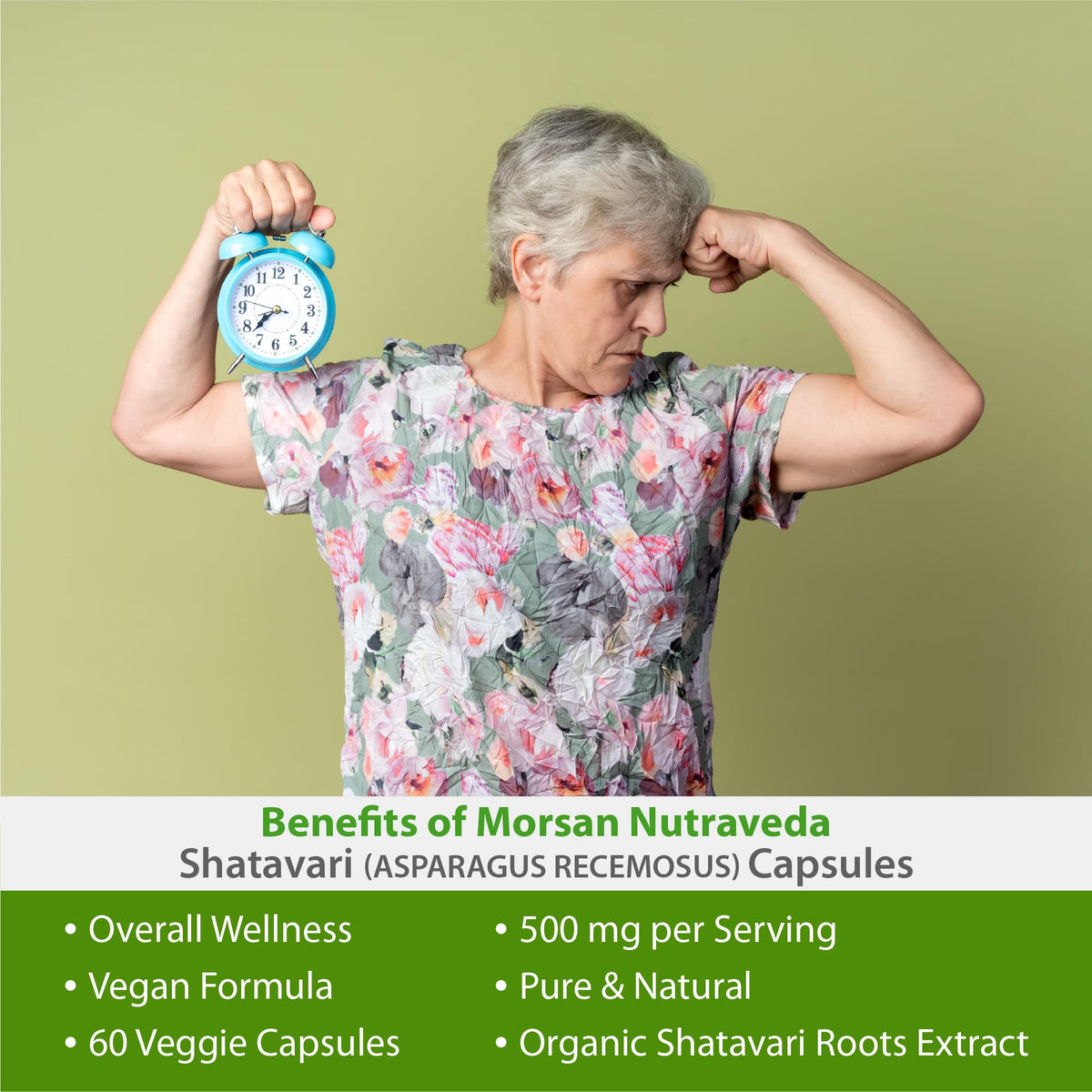 A lifestyle setting showing the Morsan Nutraveda Shatavari capsules bottle next to a glass of water.