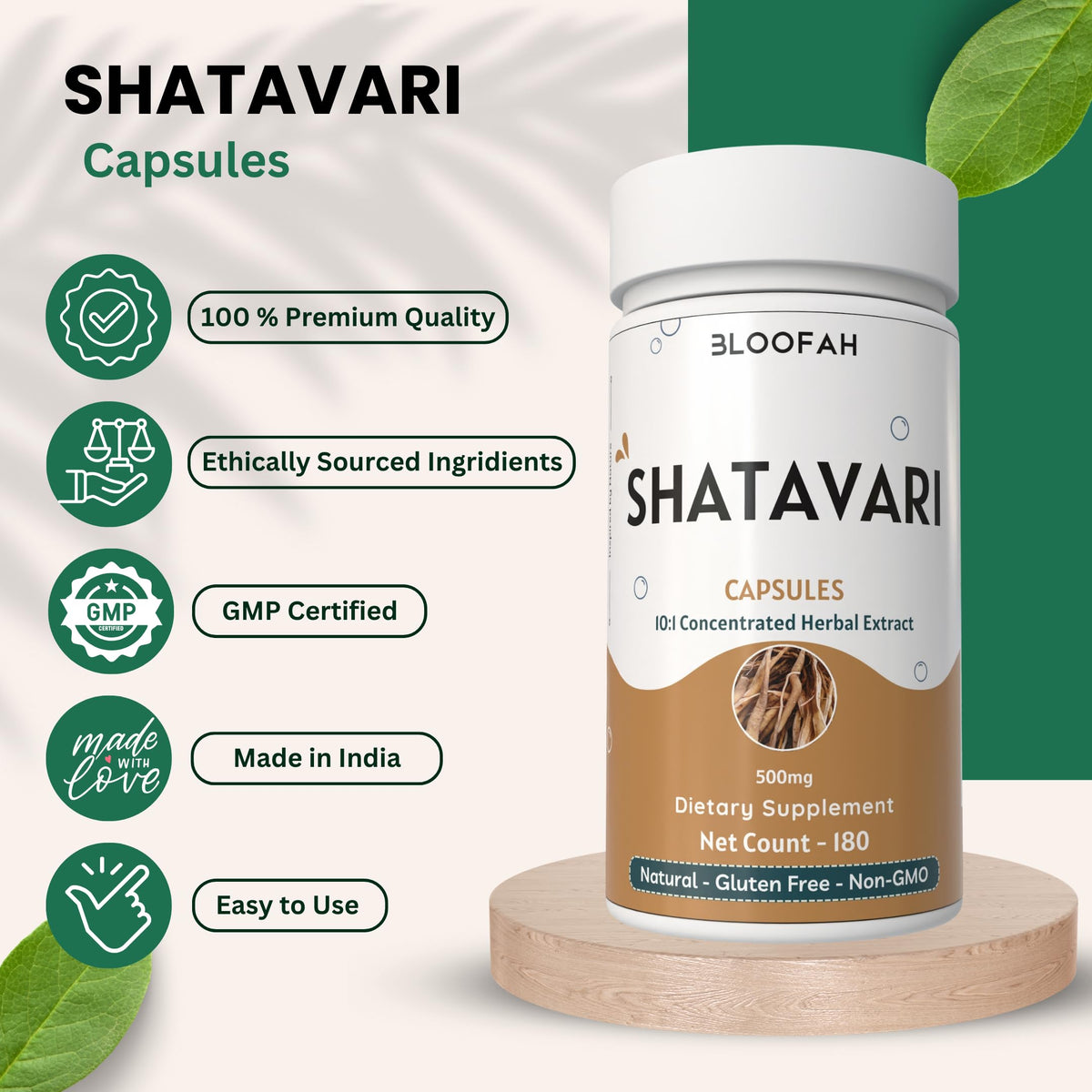 Bloofah Shatavari herbal capsules side panel containing usage instructions and supplement facts