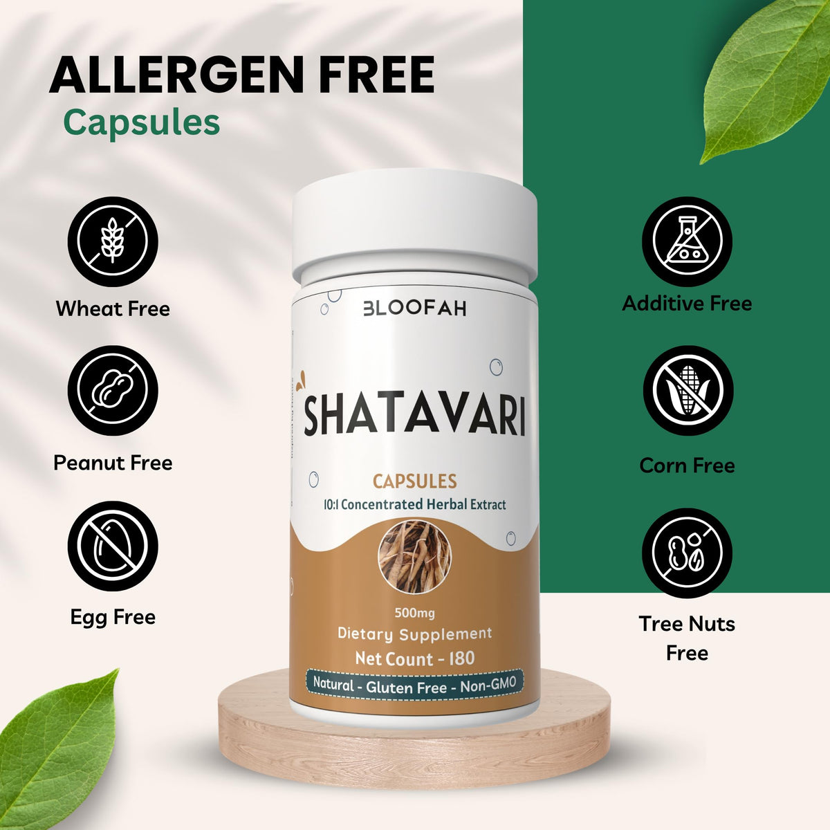 Bloofah Shatavari hormonal balance supplement non GMO and gluten free verification seals
