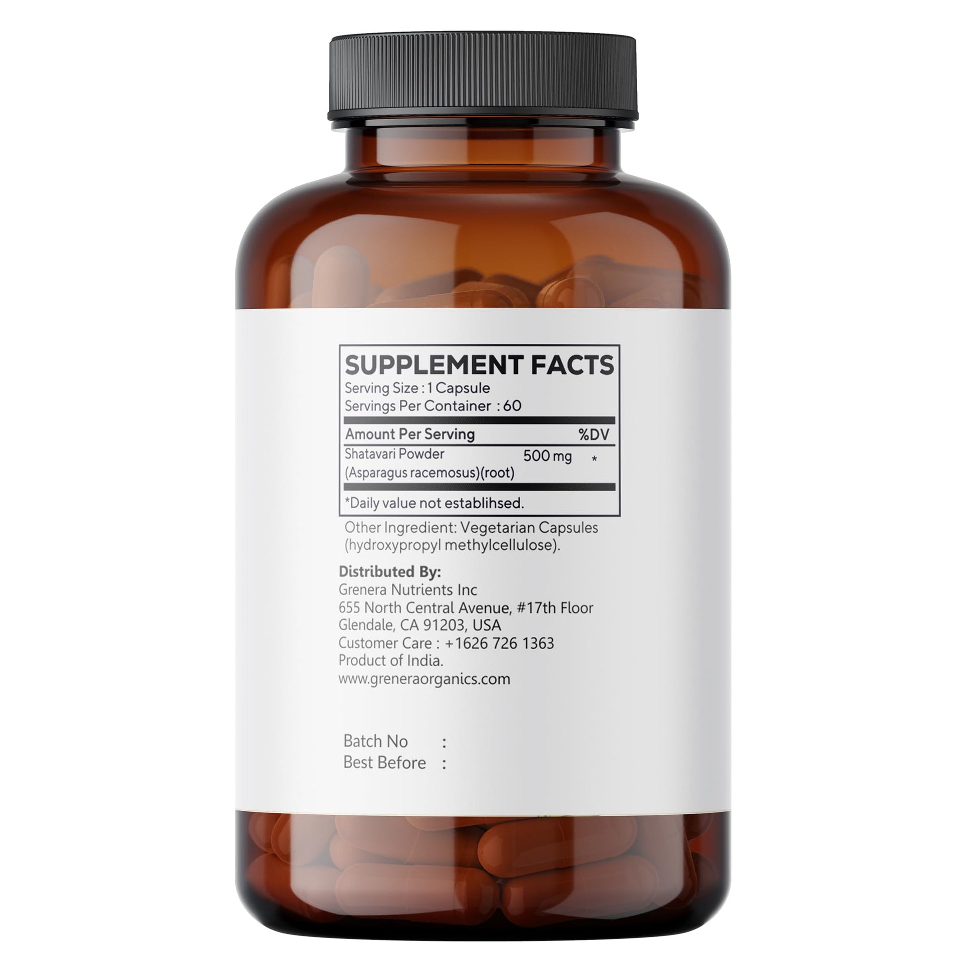 Grenera organic Asparagus racemosus 500 mg supplement facts and vegan certification label