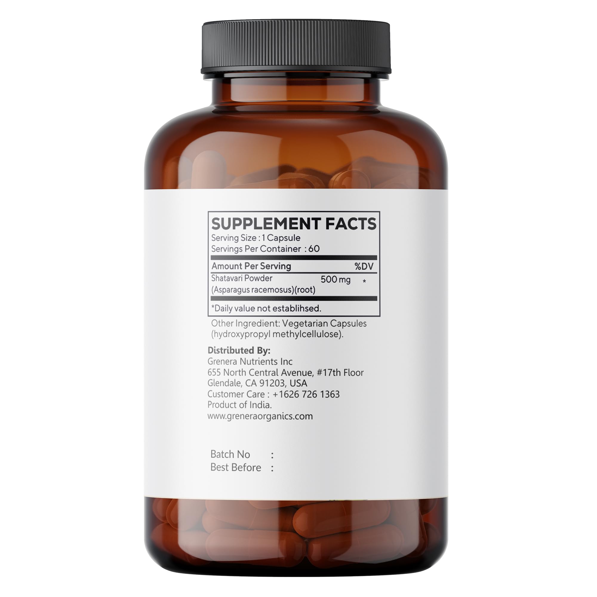 Grenera organic Asparagus racemosus 500 mg supplement facts and vegan certification label