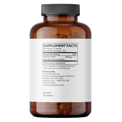 Grenera organic Asparagus racemosus 500 mg supplement facts and vegan certification label