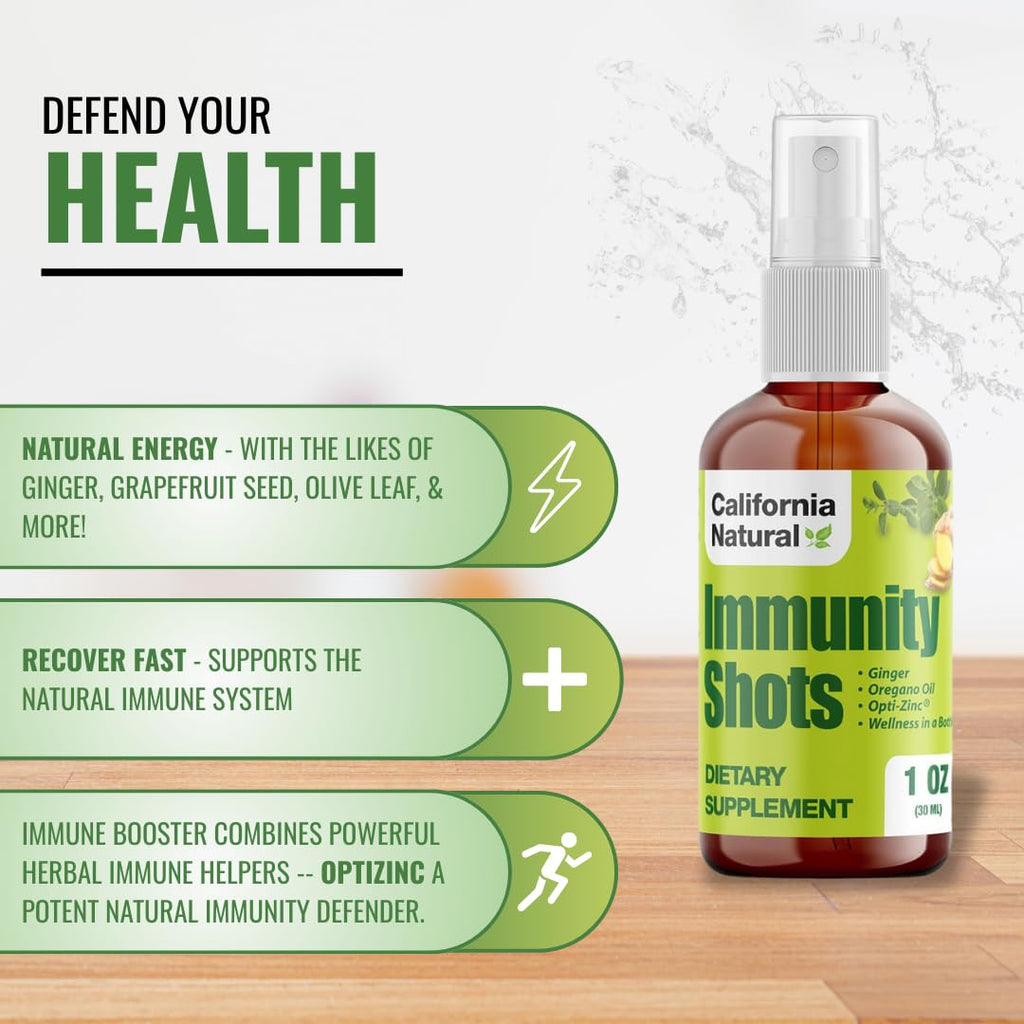 California Natural ginger and oregano oil immunity shot one fluid ounce bottle size comparison