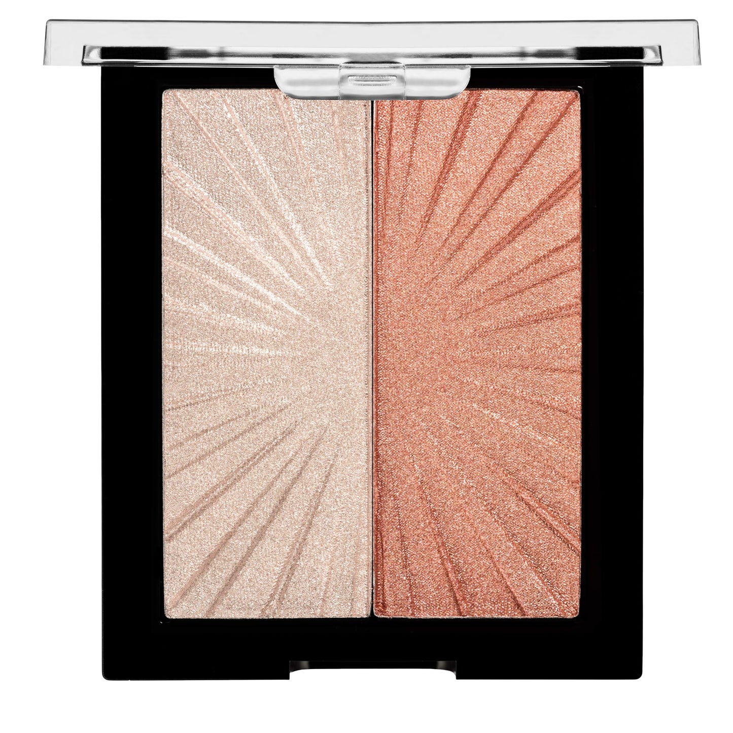 Wet n Wild Hello Halo blush and highlighter duo palette open with shimmery metallic finish.