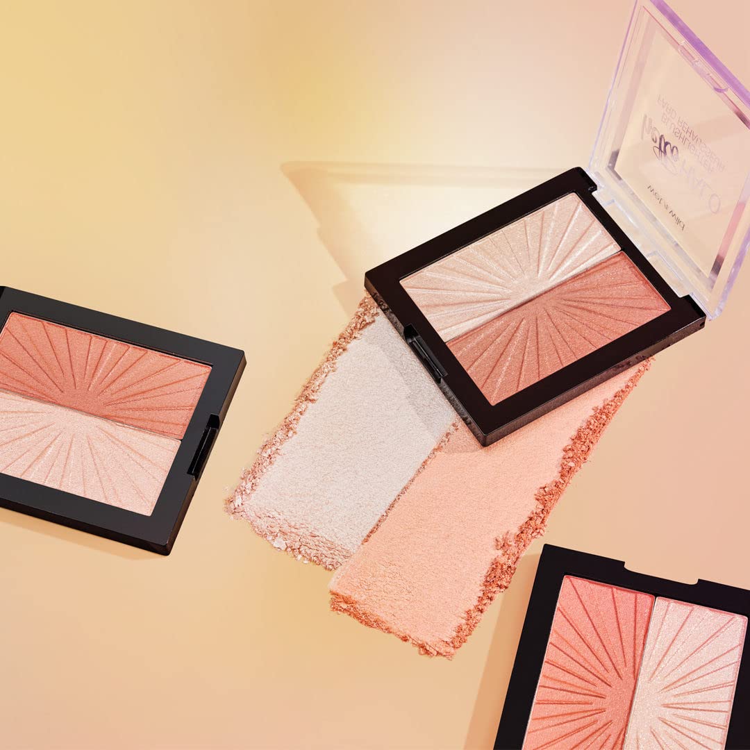 Swatches of the blendable pink blush and gold highlighter powder on skin.