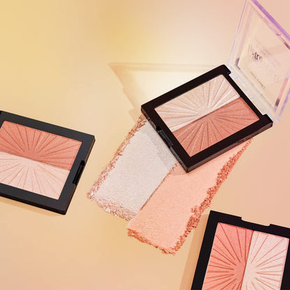 Swatches of the blendable pink blush and gold highlighter powder on skin.