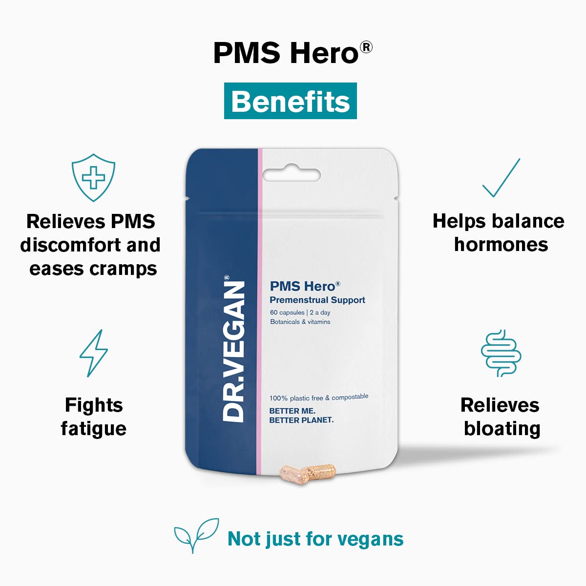 Dr. Vegan PMS Hero 60 capsules packaging for premenstrual support