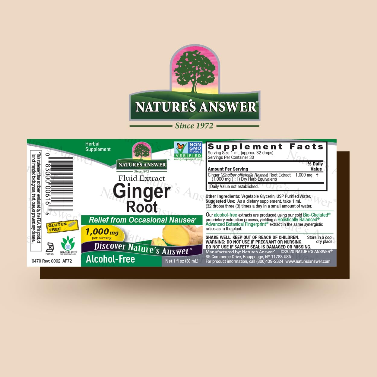 Authentic USA imported Nature's Answer ginger extract dropper bottle on a clean background