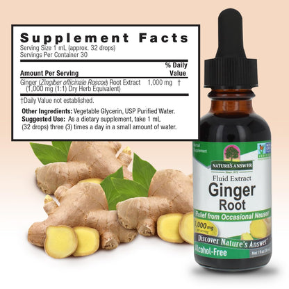 Back label of Nature's Answer ginger root fluid extract showing supplement facts and serving size