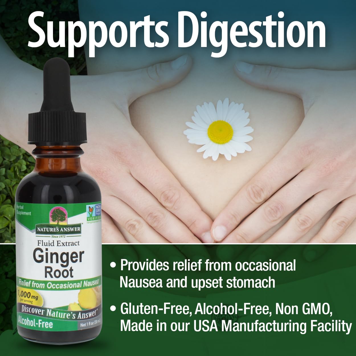 One fluid ounce packaging of non-GMO certified alcohol free ginger liquid formula