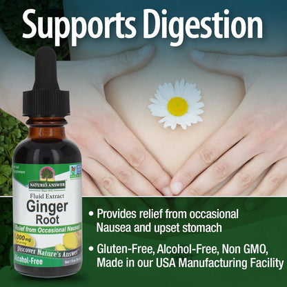 One fluid ounce packaging of non-GMO certified alcohol free ginger liquid formula