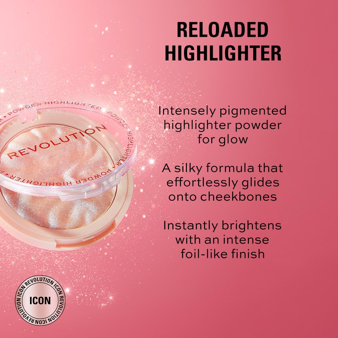 Makeup Revolution Highlight Reloaded open packaging showing golden champagne shimmer powder