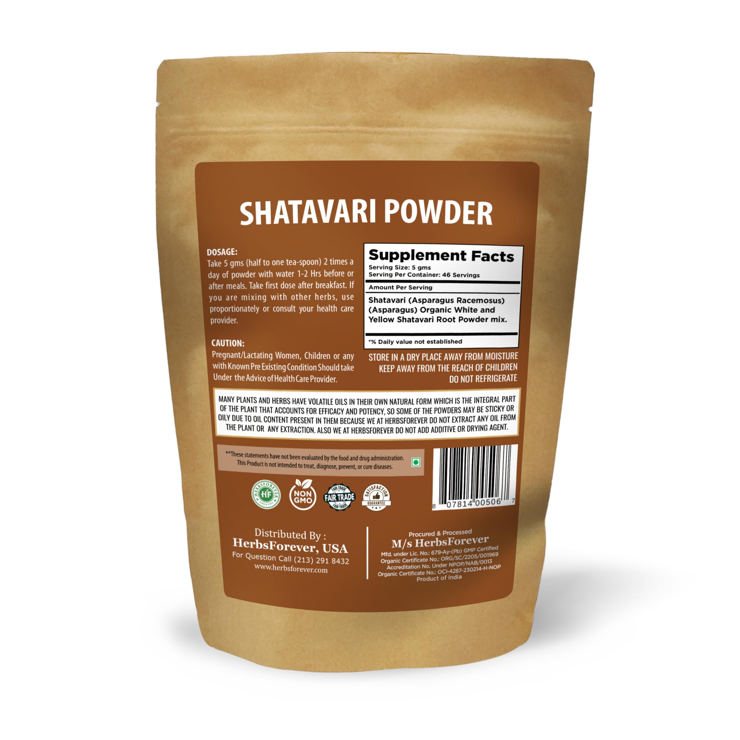 Herbsforever Shatavari powder nutritional information label