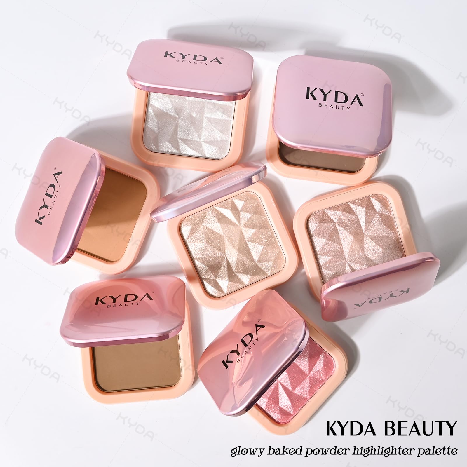KYDA Sparkling Champagne Highlighter compact opened to reveal the reflective pearl powder finish.