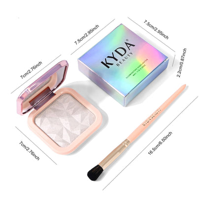 KYDA Imported USA beauty face highlighter palette with application kit components detailed.