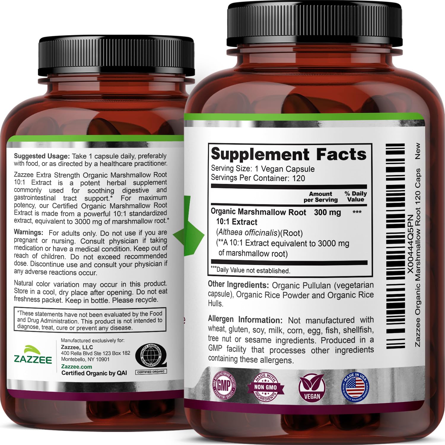 Zazzee organic marshmallow root four month supply bottle display