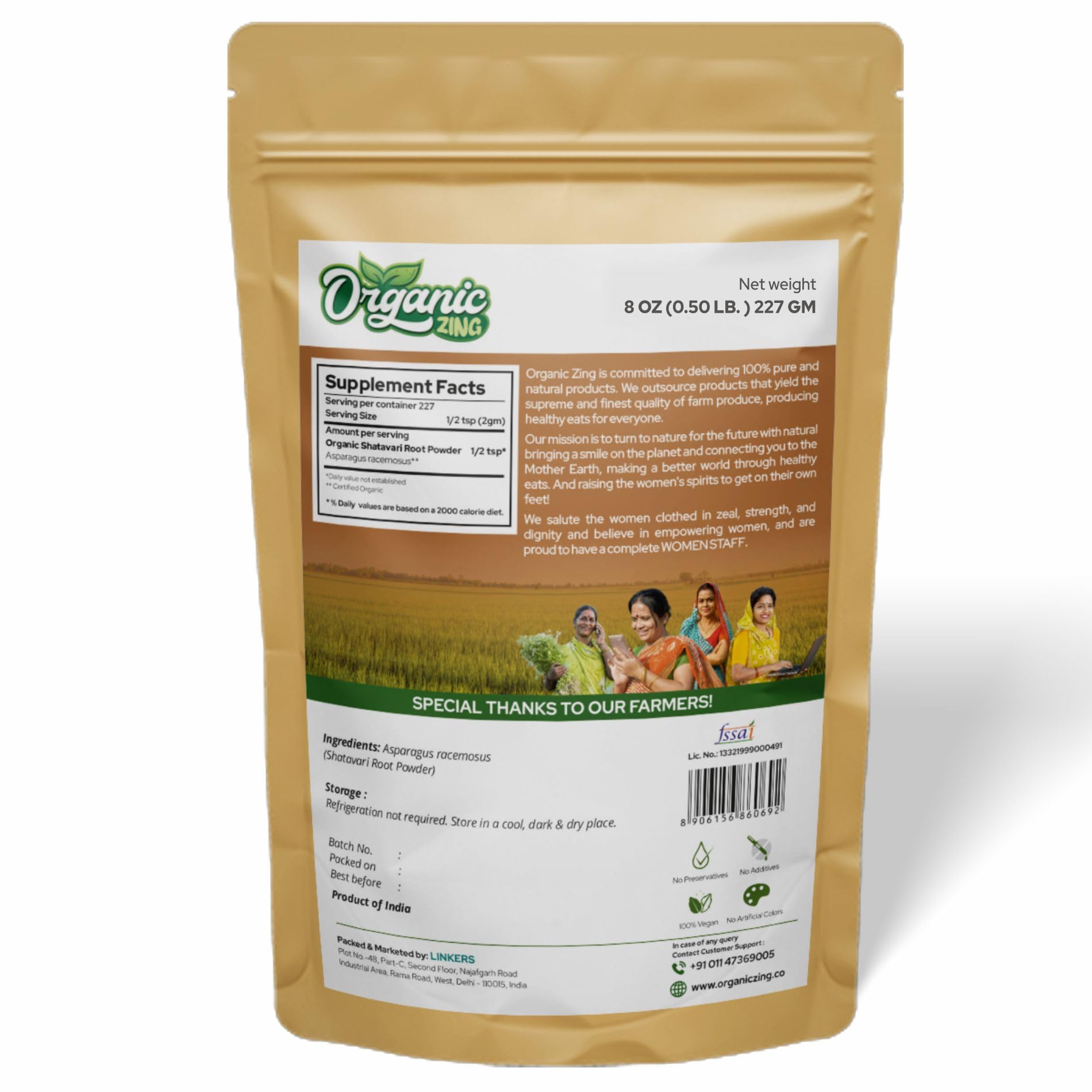 Organic Zing Shatavari root powder twin pack displaying product net weight and dietary attributes.