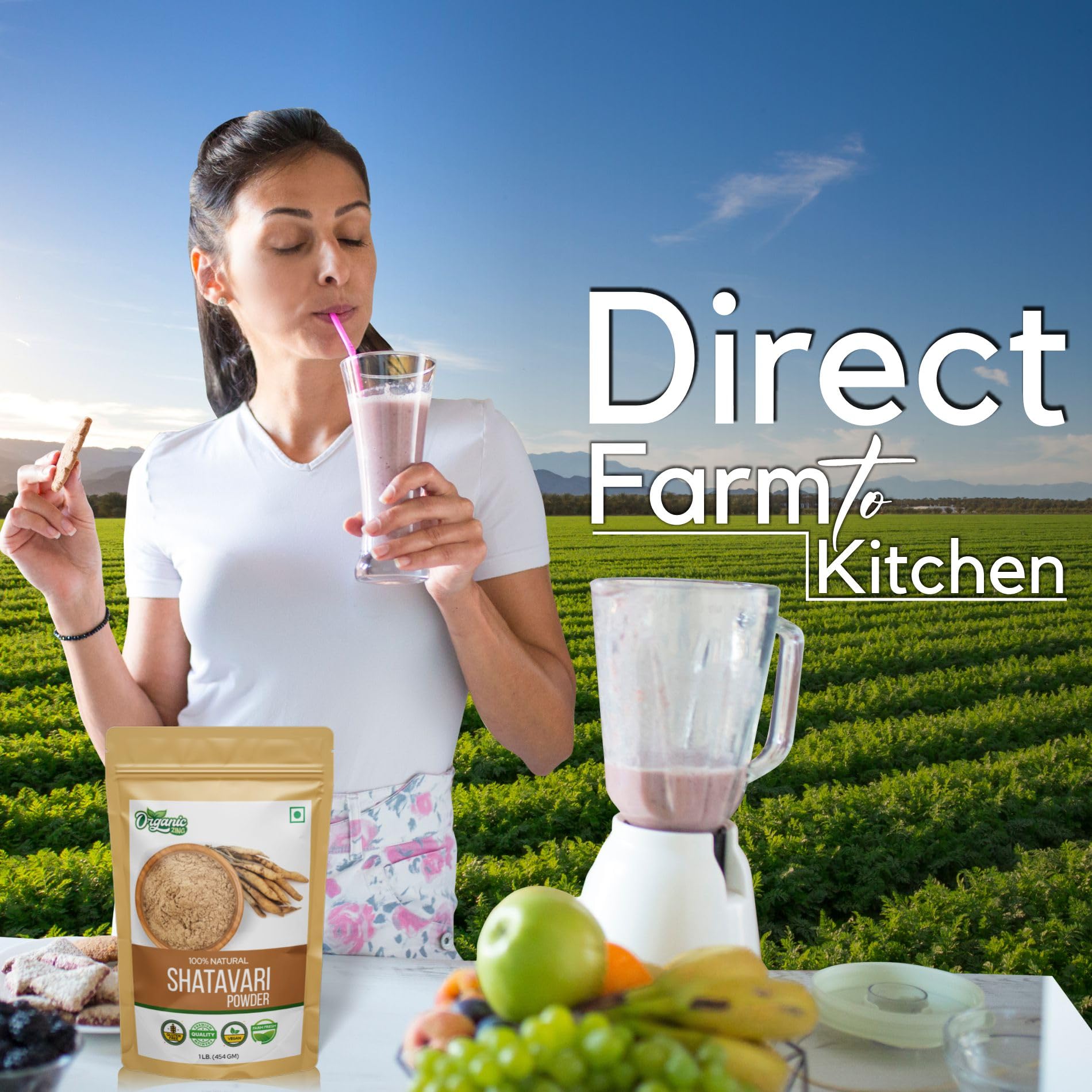Organic Zing Shatavari powder nutritional facts panel and organic ingredient list.