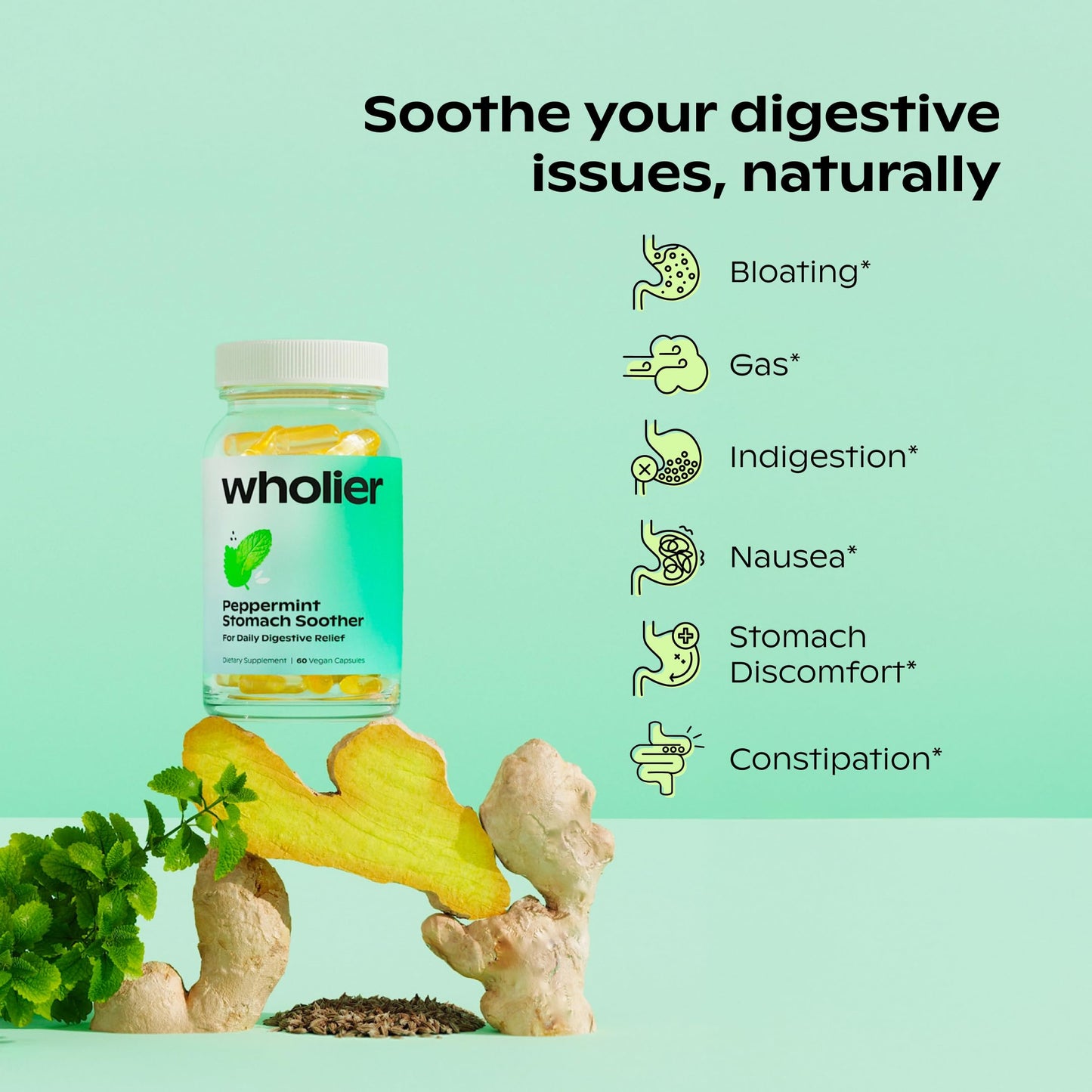 Wholier peppermint and ginger root oil dual action capsules for gut health