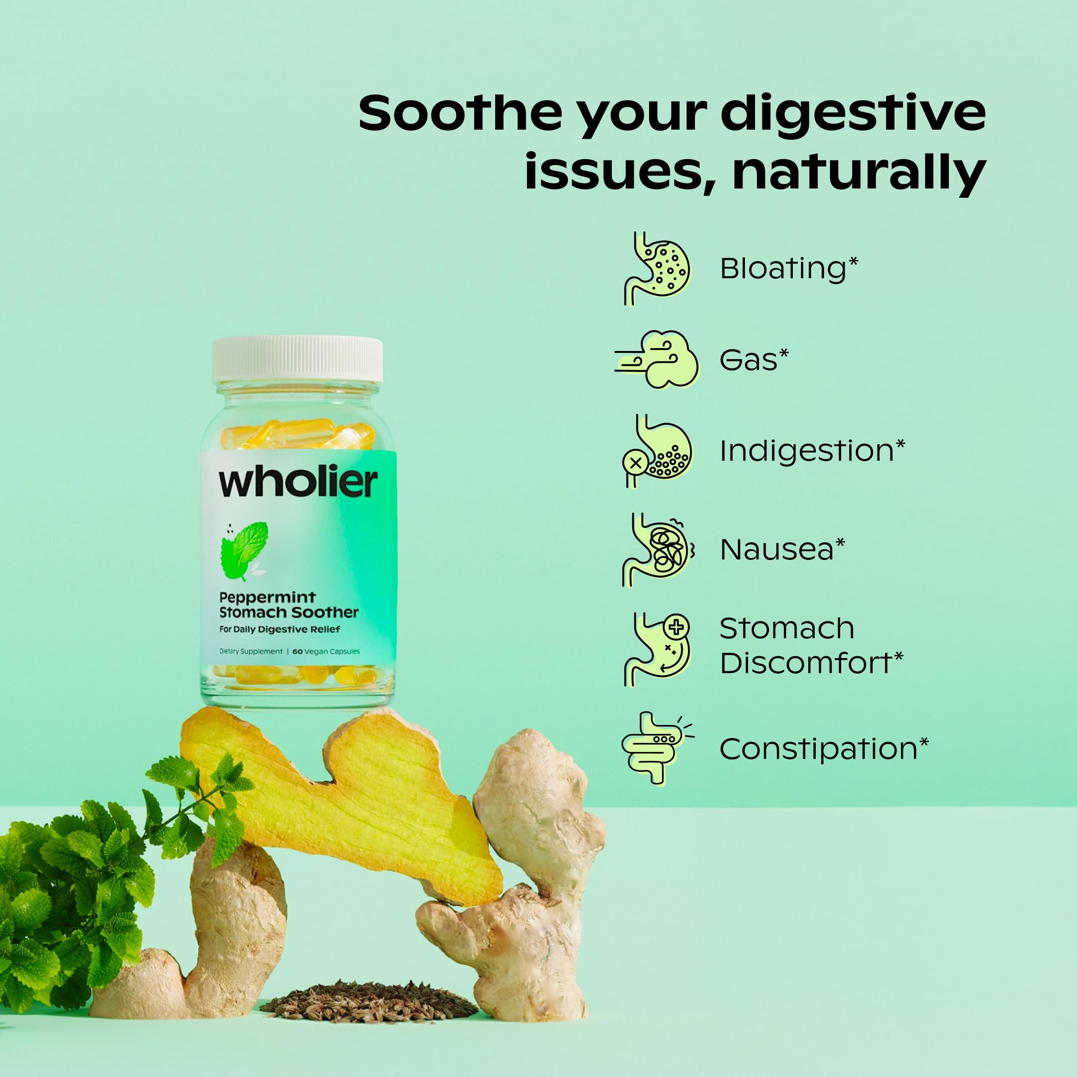 Wholier peppermint and ginger root oil dual action capsules for gut health