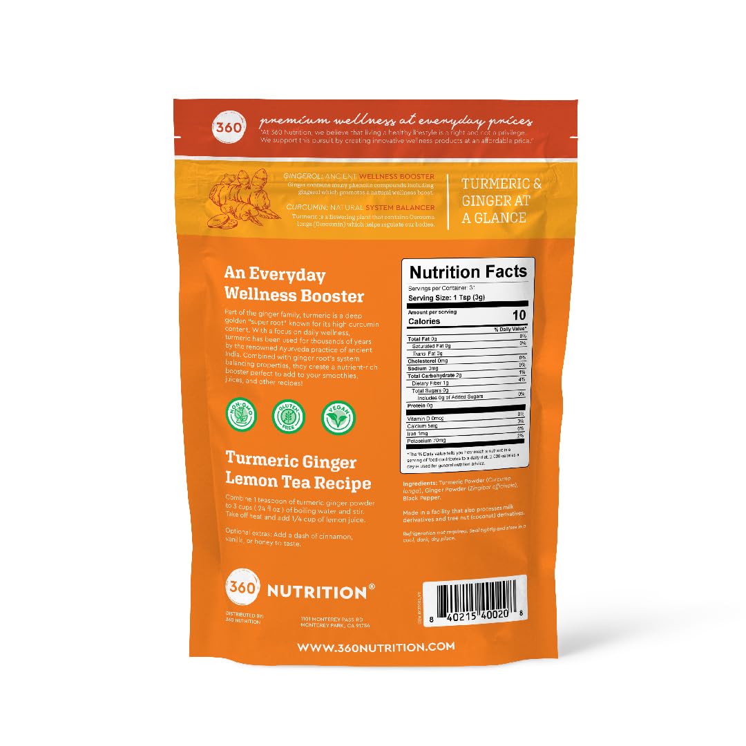 360 Nutrition Turmeric Ginger Supplement packaging showing vegan and keto friendly labels