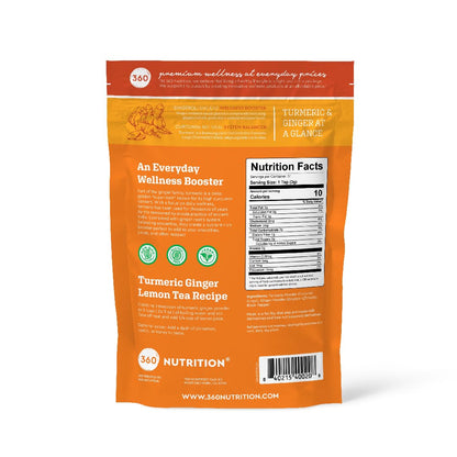 360 Nutrition Turmeric Ginger Supplement packaging showing vegan and keto friendly labels