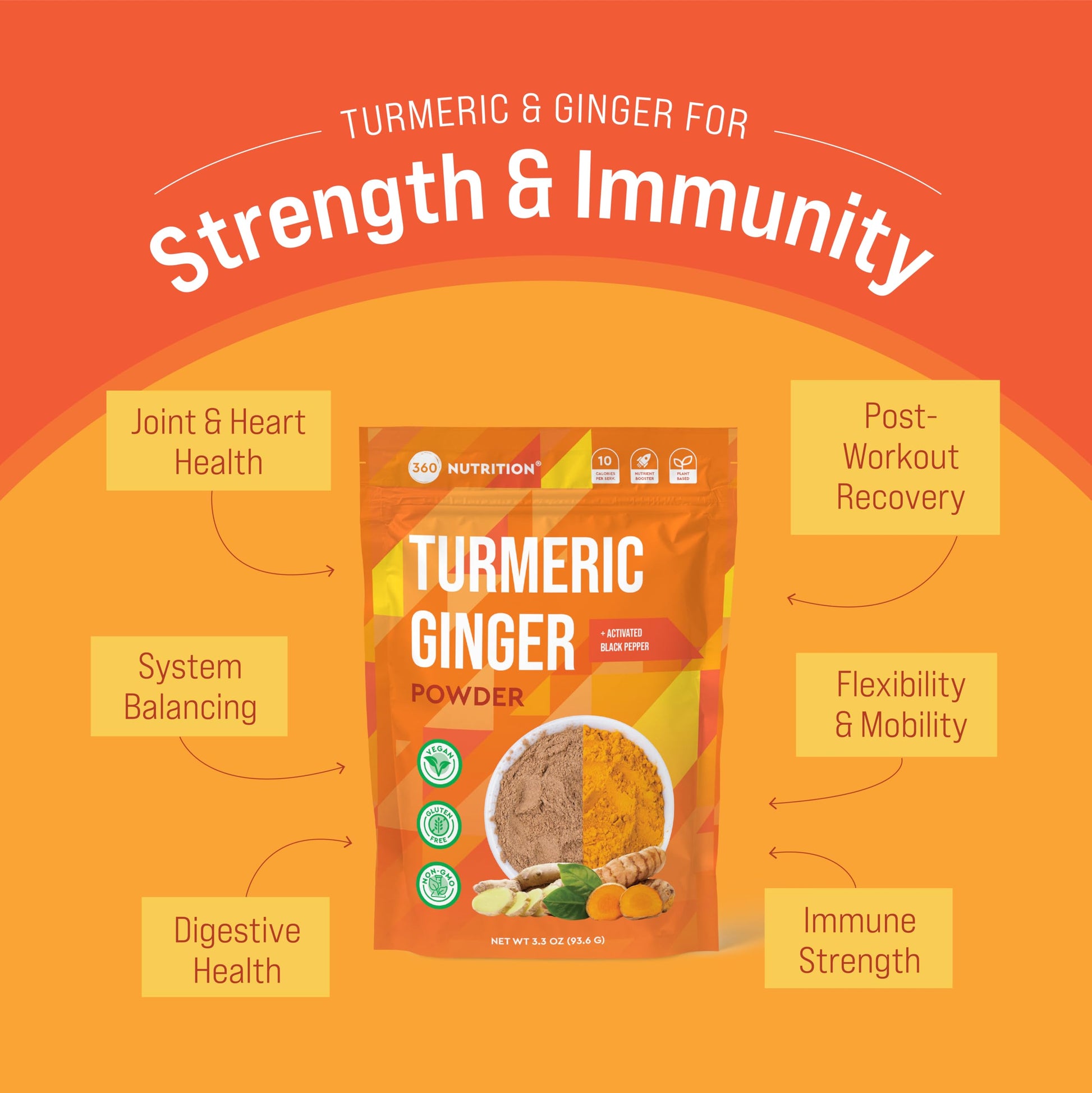 Back label of 360 Nutrition Turmeric Ginger powder with ingredients and serving size information